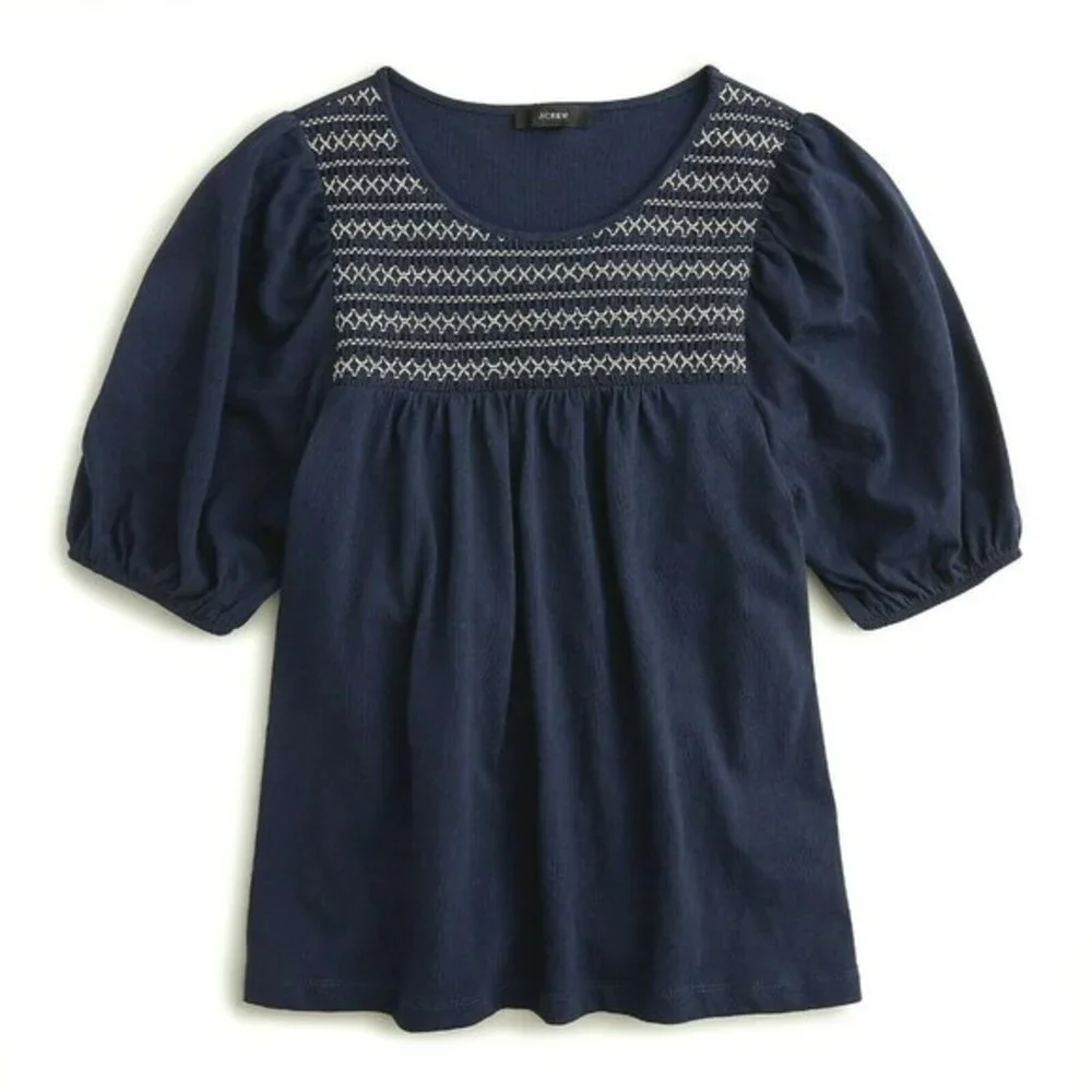 J Crew Puff-sleeve T-shirt Smocked Yoke Short Sleeve Round Neck Navy Women S NWT